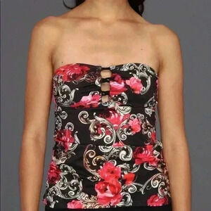 GUESS Los Angeles Strapless Brown w/ Floral Design Tankini Swimsuit Top Size S